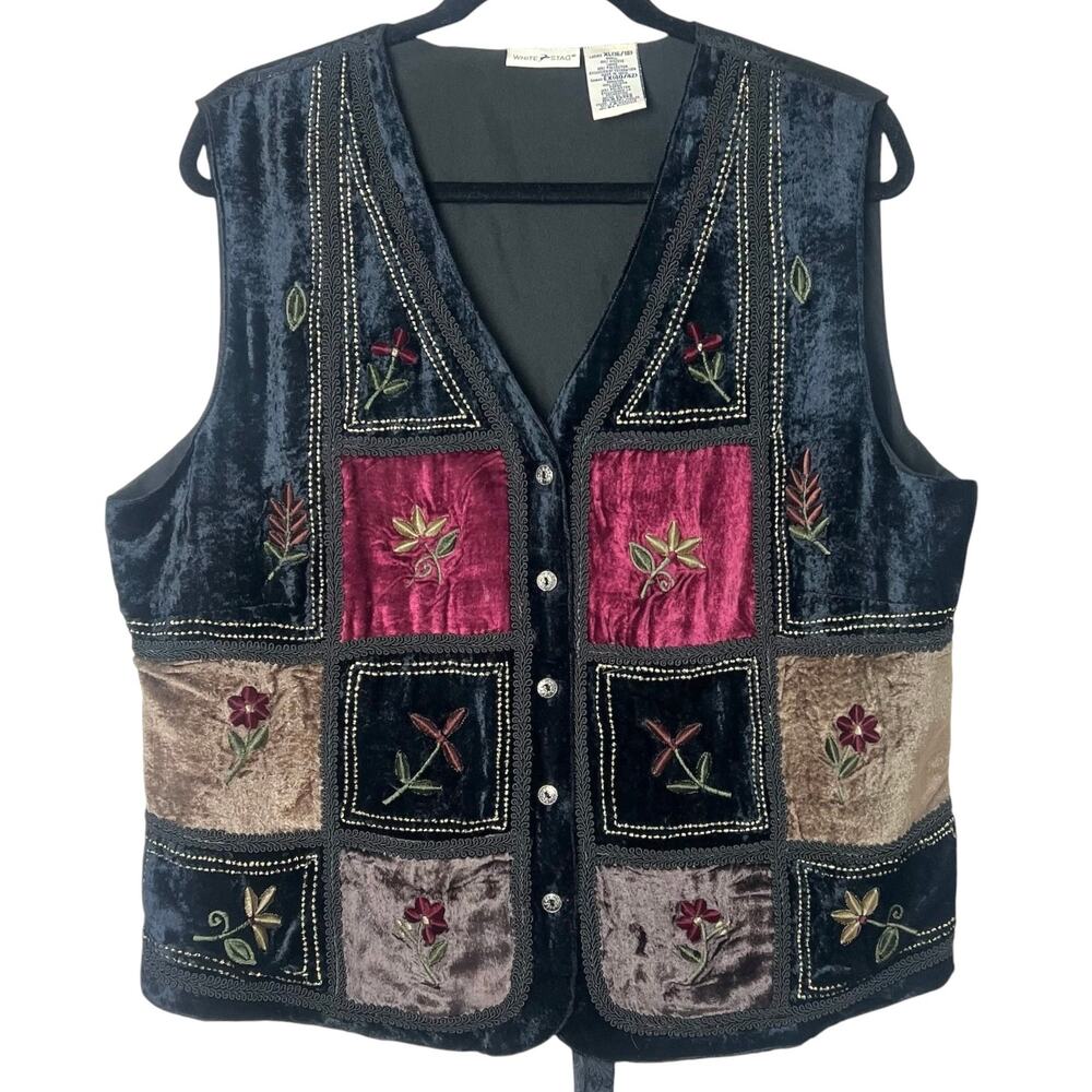 Vintage White Stag Velvet Patchwork Vest Black Floral Boho Fairy 90s Y2K Size XL